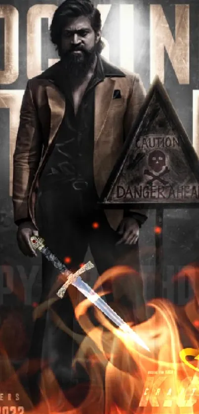 Moody movie character poster with leather jacket and sword.