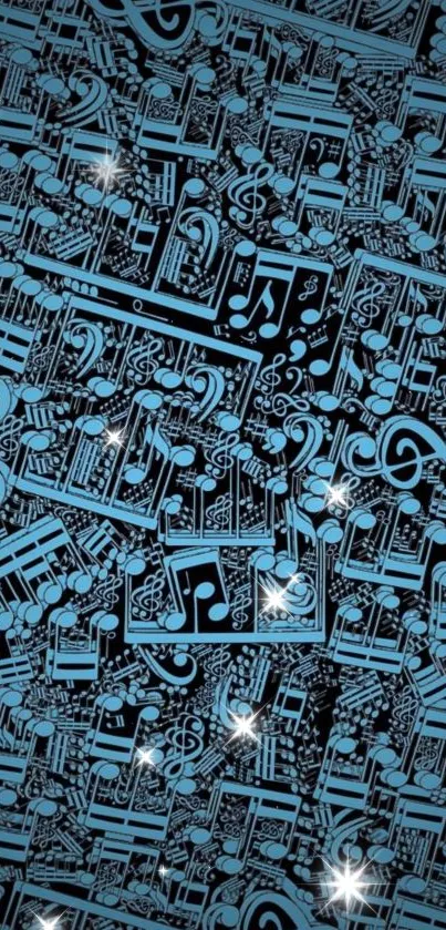 Dynamic blue music notes on a dark background phone wallpaper.