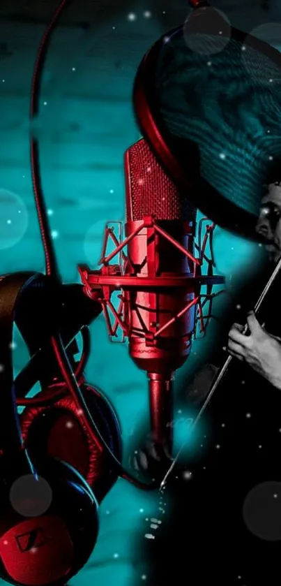 Vibrant music studio wallpaper with mic and guitar.