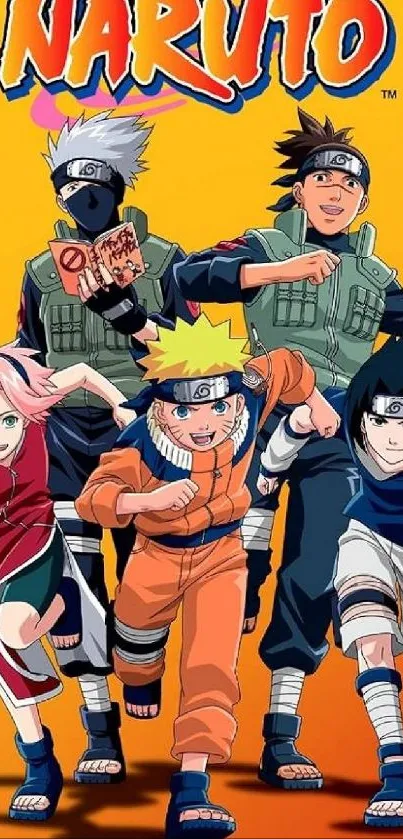 Naruto anime team wallpaper with dynamic orange background.