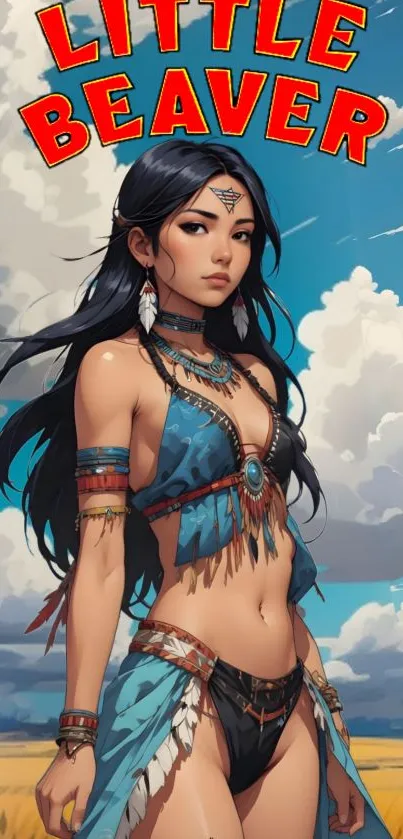 Artistic wallpaper featuring a Native woman under blue skies.