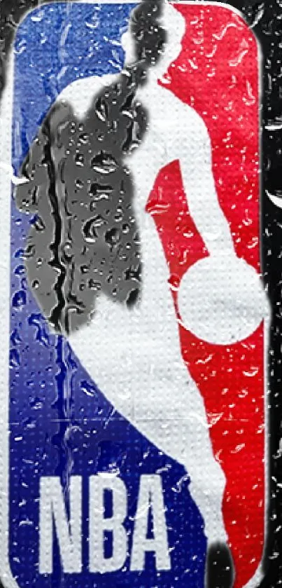 NBA logo with vibrant red, white, and blue colors with rain droplets effect.