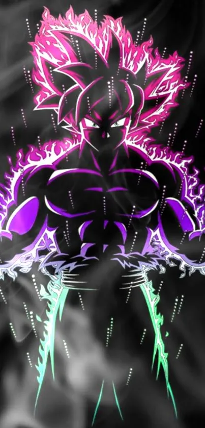 Silhouetted muscular anime figure with neon glow and dark background.