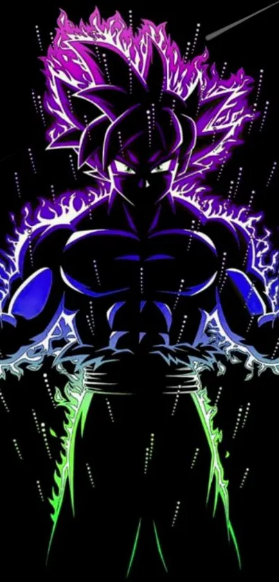 Dynamic anime character with neon aura on black background.