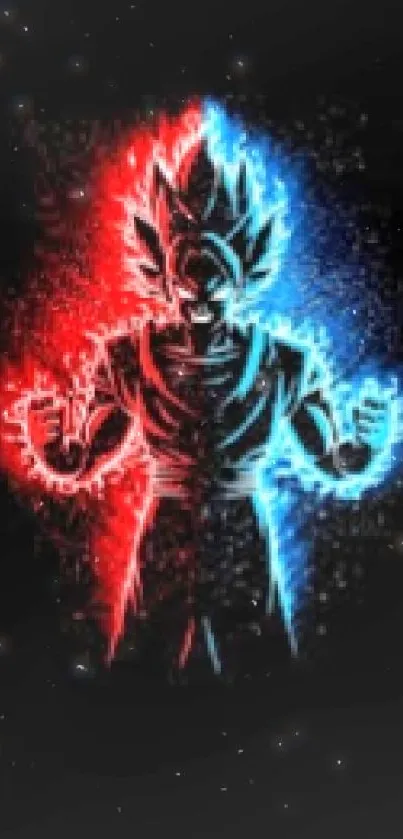 Neon anime character with red and blue aura on a black background wall.