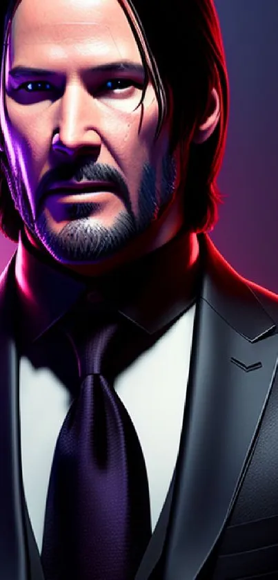 Neon-lit art portrait of a suited individual with dramatic shading.