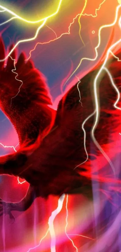 Red neon bird with lightning effect on a vibrant background.