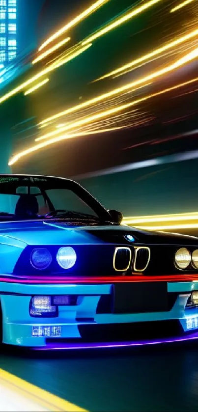 Vibrant neon-lit car racing in cityscape wallpaper.