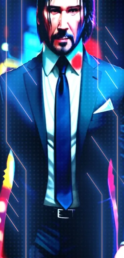 Neon cityscape with a stylish figure in a dynamic blue and red lighting.