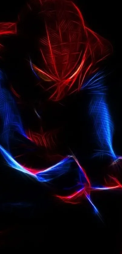 Vibrant neon superhero in red and blue hues on a black background.