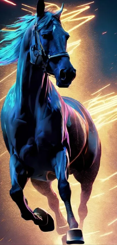 Dynamic neon horse with vibrant colors and bright streaks creating a futuristic aura.