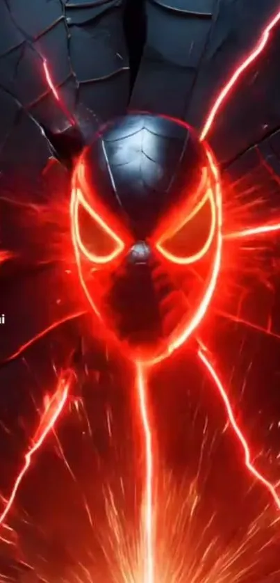 Neon mask glowing in cracked dark art.