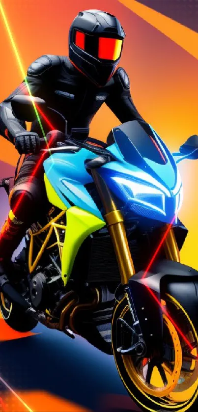 Neon motorcycle on vibrant gradient background.