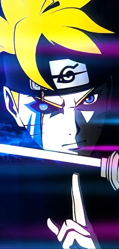 Vibrant neon ninja in anime style with a sword drawn.