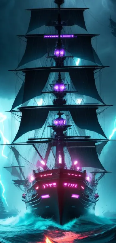 Neon-lit pirate ship sailing through stormy seas under a vibrant sky.