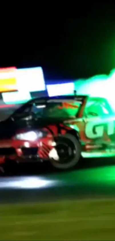 Neon-lit car drifting at high speed at night.