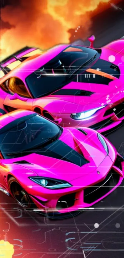 Vibrant pink sports cars with fiery neon effect on a dynamic wallpaper.