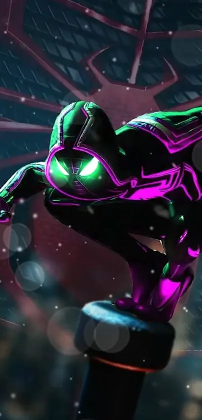 Neon superhero poised for action with vibrant purple and green lights.