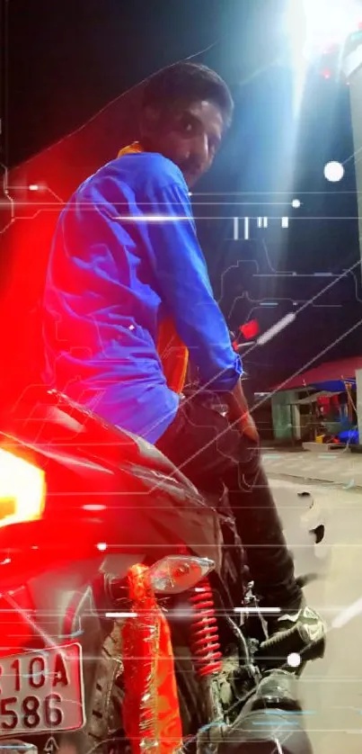 Man on a bike with glowing red lights at night.