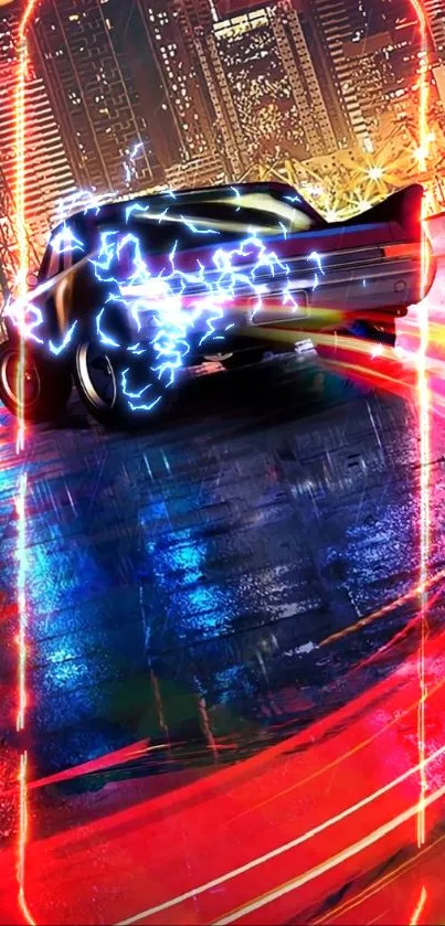 Vivid cityscape with racing car at night.