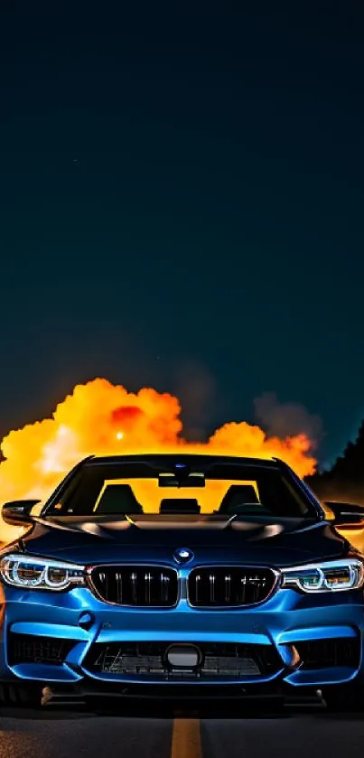 Vibrant blue BMW driving at night with explosion in the background.