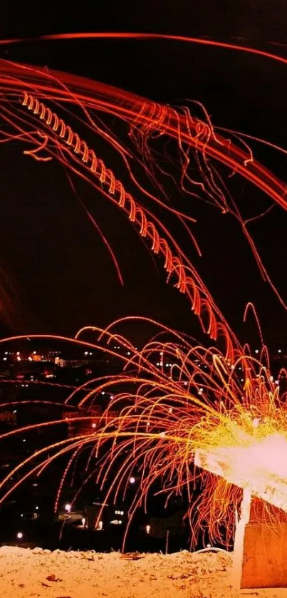 Vibrant red light streaks over a nighttime cityscape.