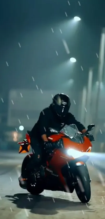 Motorcycle speeds through rainy city night.