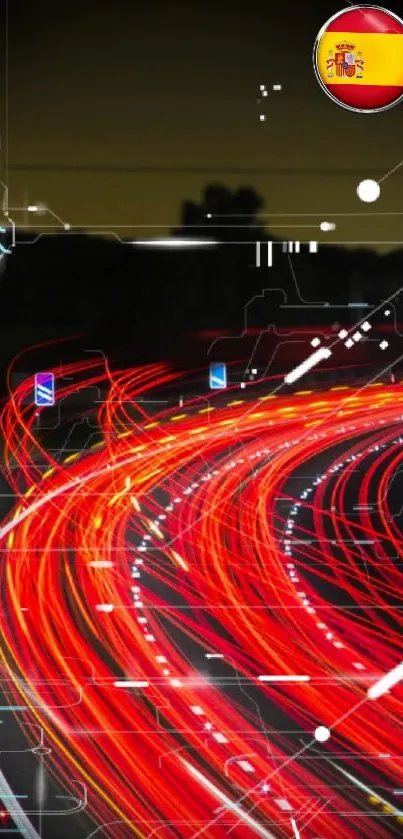 Vibrant red light trails on a road with a digital futuristic overlay.