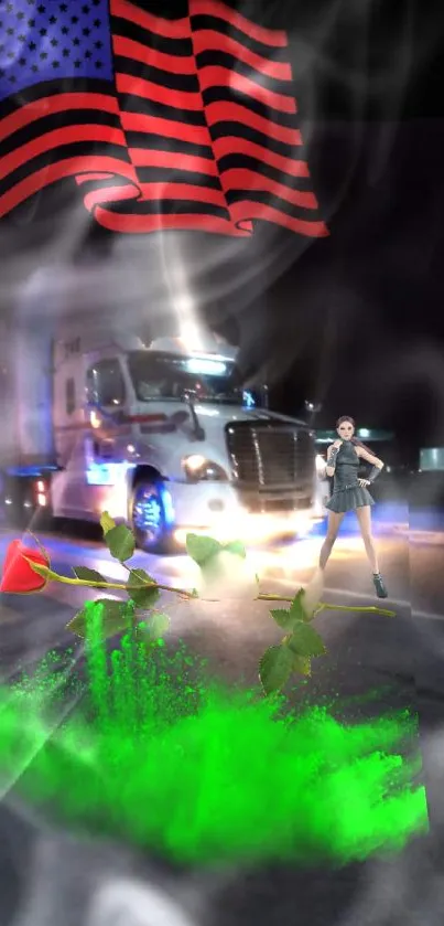 Night scene with truck, flag, rose, and vibrant colors.