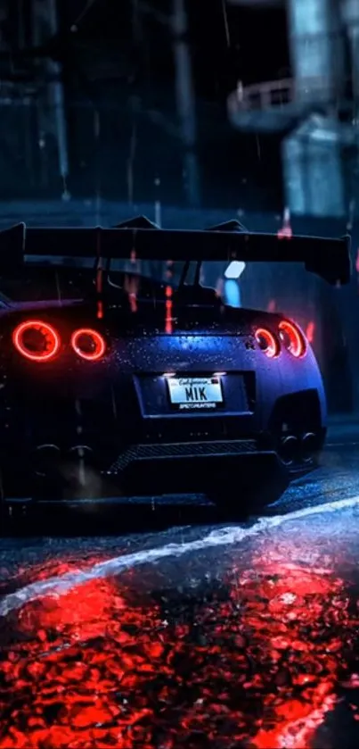 Sleek sports car with red lights in rainy urban night.