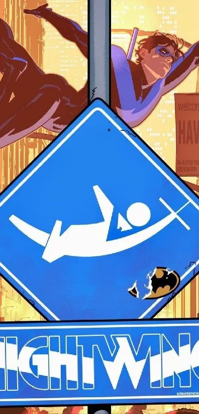 Nightwing swings over a city with a vibrant blue street sign.