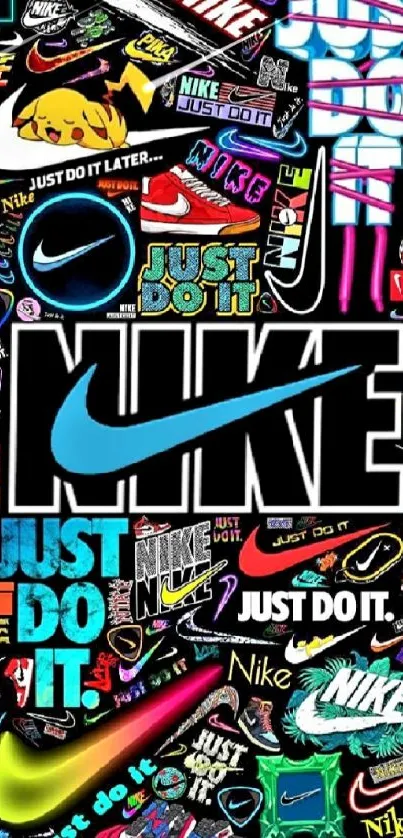 Dynamic Nike logo collage with vibrant and bold colors for mobile wallpaper.