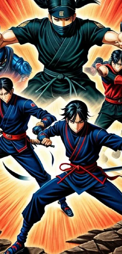 Animated ninja warriors in dynamic action pose on vibrant phone wallpaper.