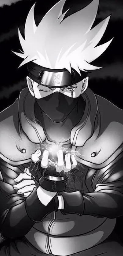 Monochrome anime character with ninja attire and energy sphere