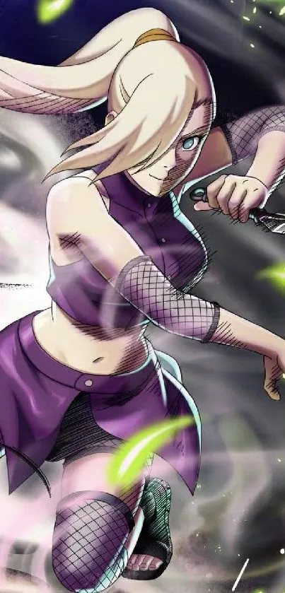 Anime ninja character in action with vibrant purple attire.