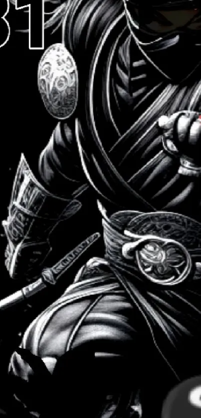 Black ink art of dynamic ninja in action pose, stylish wallpaper.