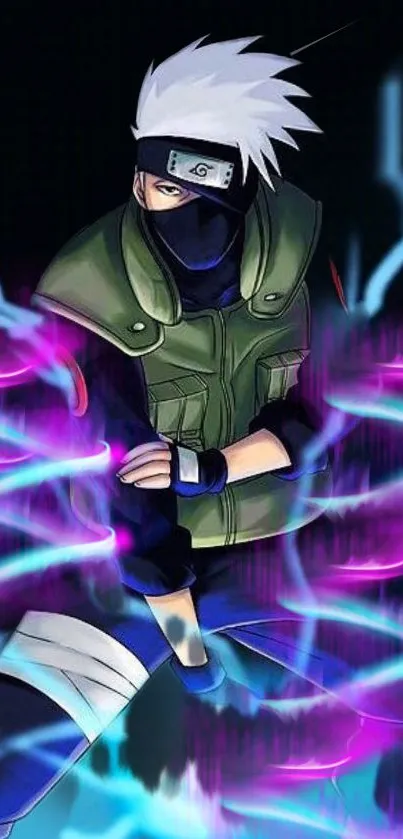 Anime ninja character with colorful energy aura on mobile wallpaper.