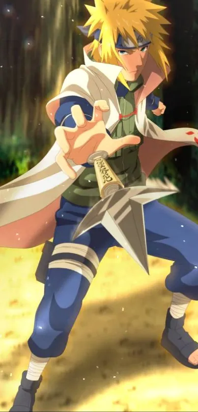 Dynamic anime-style ninja character in vibrant green setting.