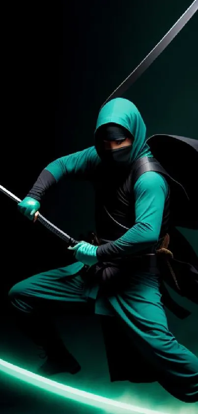 Ninja in dynamic action with swords, teal backdrop.