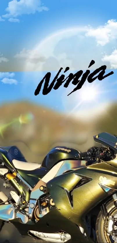 Dynamic Ninja motorcycle with sky background.