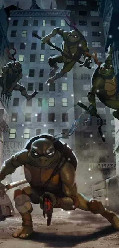 Ninja Turtles in action in an urban alley, vivid cityscape background.