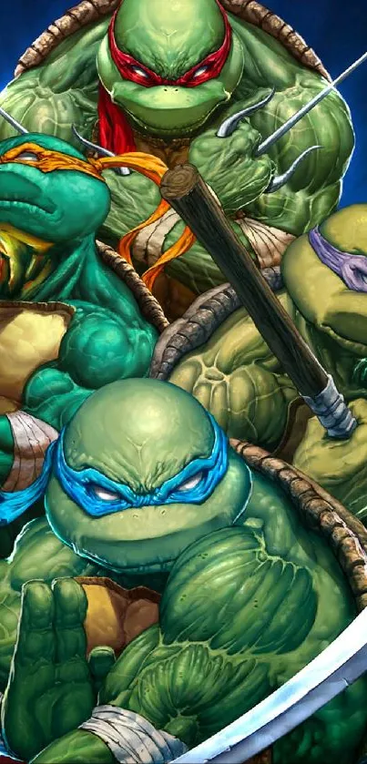 Colorful Ninja Turtles ready for action on mobile wallpaper.