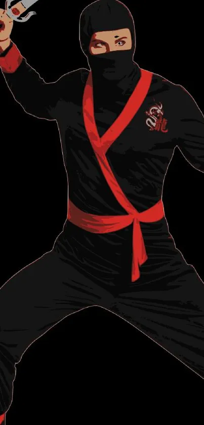 Ninja in a black suit with red accents in martial arts pose.