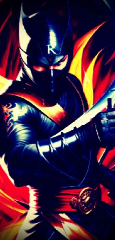 Vibrant ninja warrior art with fiery red and black tones for mobile wallpaper.