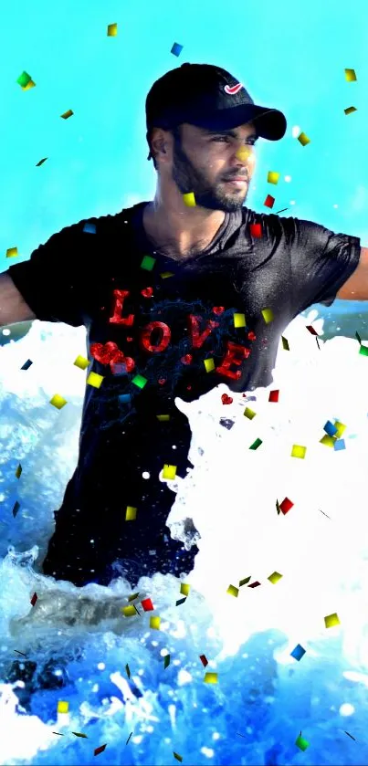 Man in ocean with confetti and vibrant colors.