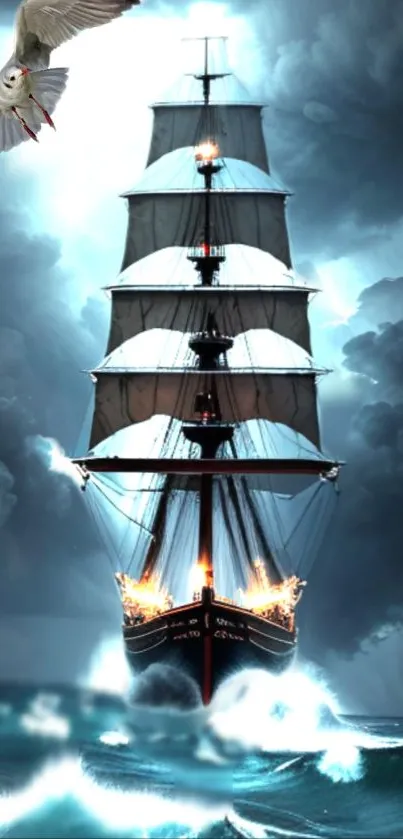 Majestic ship on stormy sea with seagull soaring overhead.