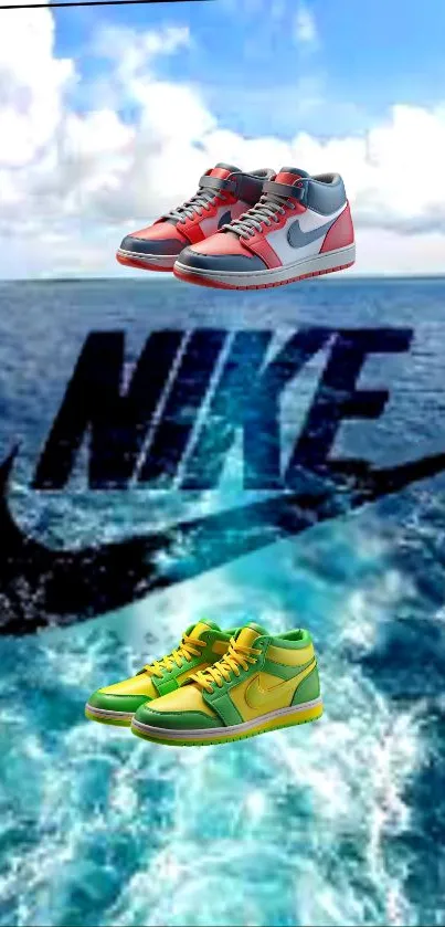 Nike sneakers on ocean background wallpaper.