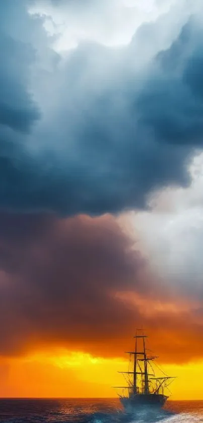 Majestic sailboat against vibrant ocean sunset with dramatic clouds.