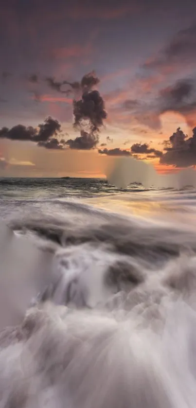 Breathtaking ocean sunset with vivid sky and dynamic waves crashing on the shore.