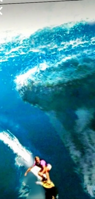 Surfer riding a large ocean wave in an intense action scene.